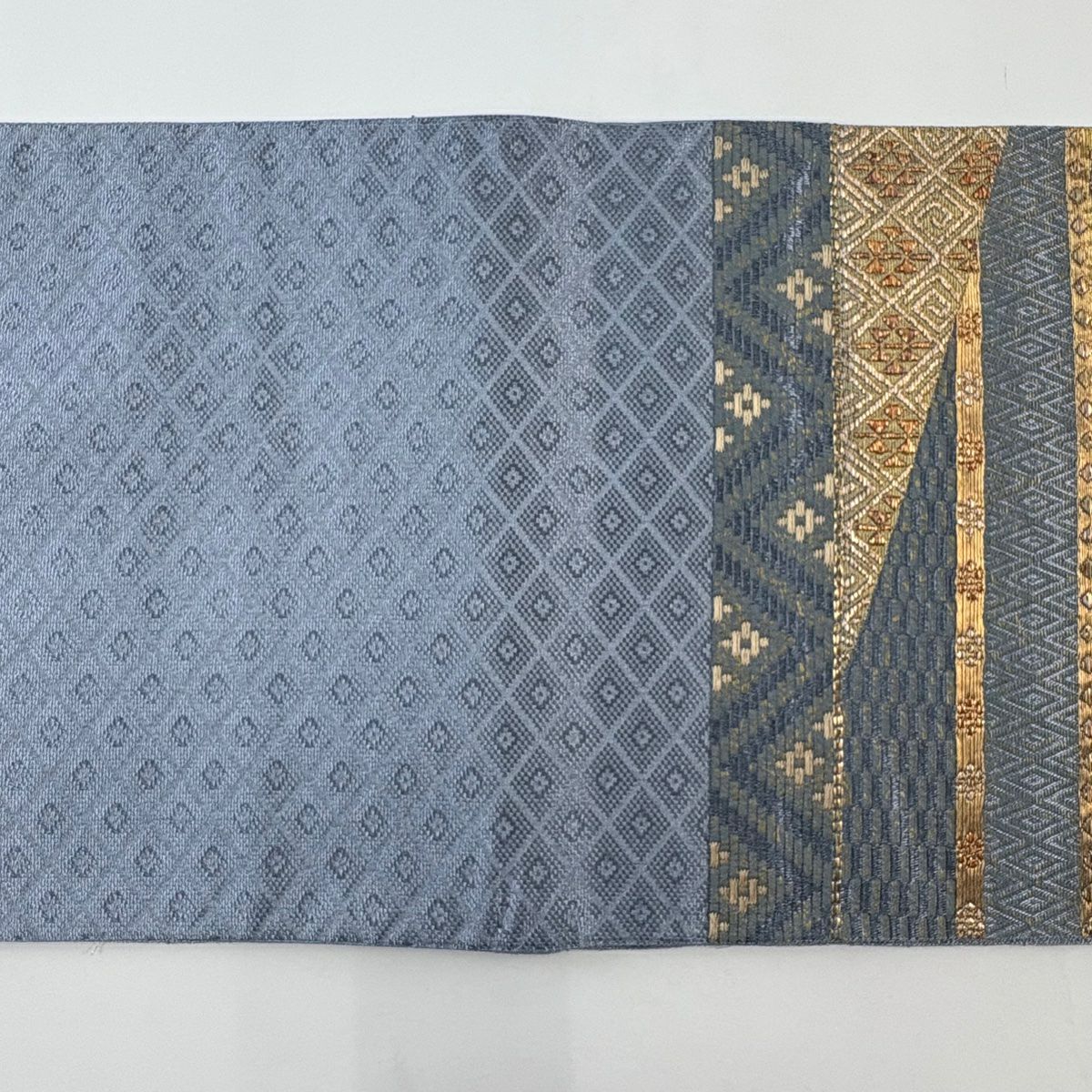 【美品】 袋帶 名品級 花兔 幾何學 金絲 金金箔 青灰 六通 純蠶絲