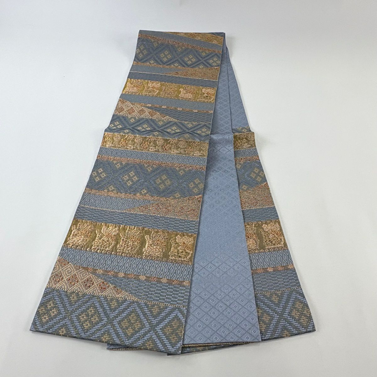 【美品】 袋帶 名品級 花兔 幾何學 金絲 金金箔 青灰 六通 純蠶絲