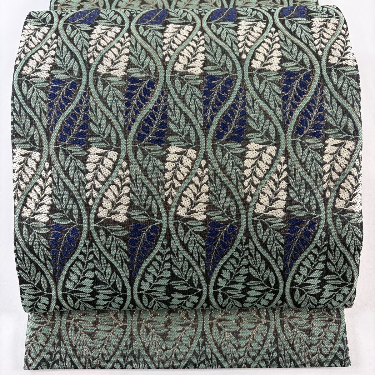 【美品】 袋帶 名品級 立涌 葉紋 金金箔 綠 六通 純蠶絲