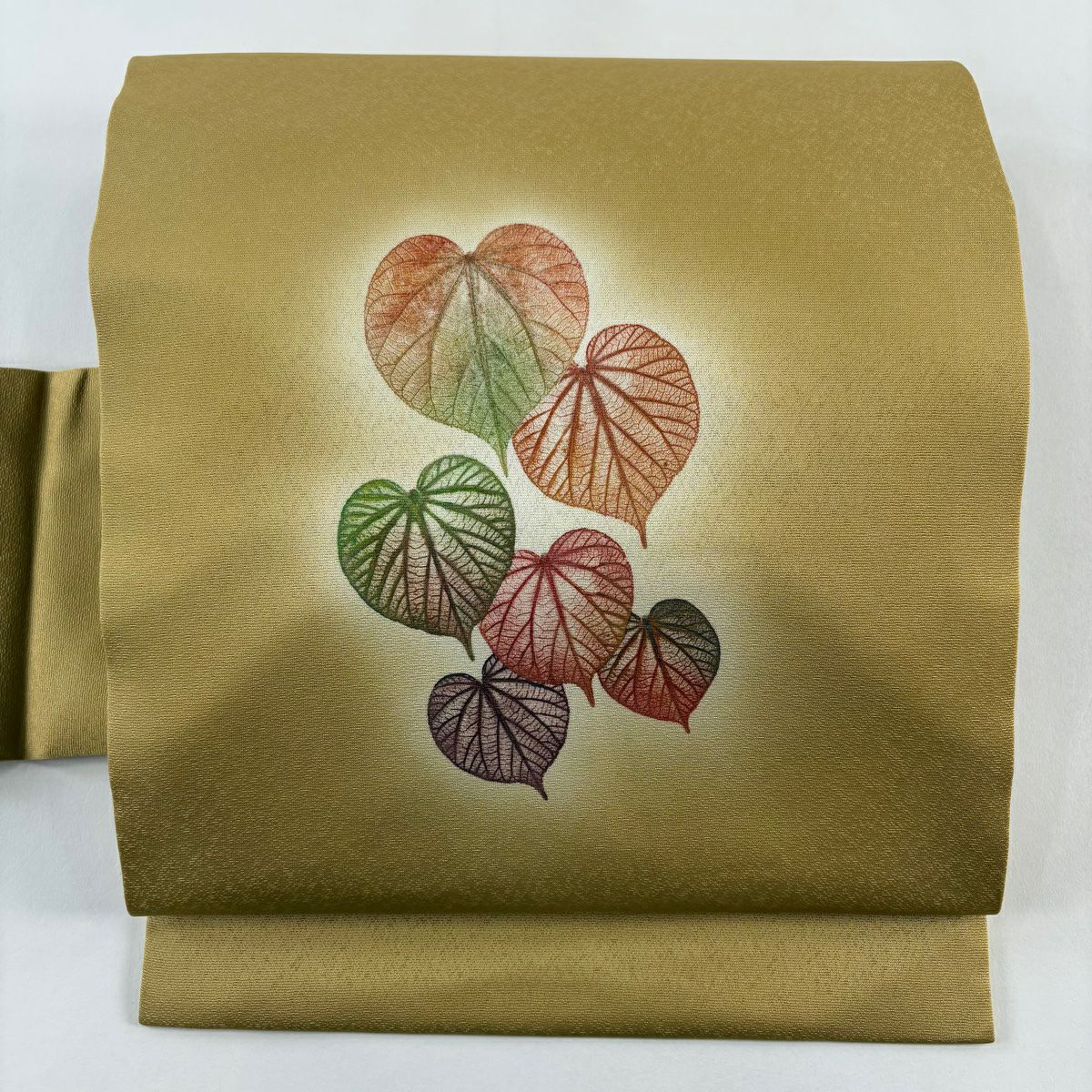 【美品】 名古屋帶 名品級 落款 叶柄 漸變 黃土 純蠶絲