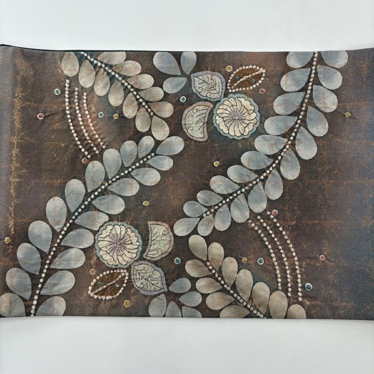 【美品】 袋帶 名品級 附落款 辻花染 金金箔 漸變 深綠 大鼓圖案 純蠶絲