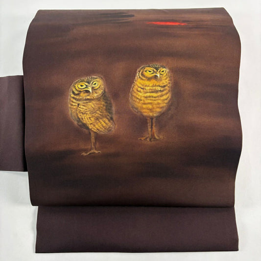【美品】 名古屋帶 名品級 貓頭鷹 霞 ぼかし 金銀彩 茶紫 純蠶絲