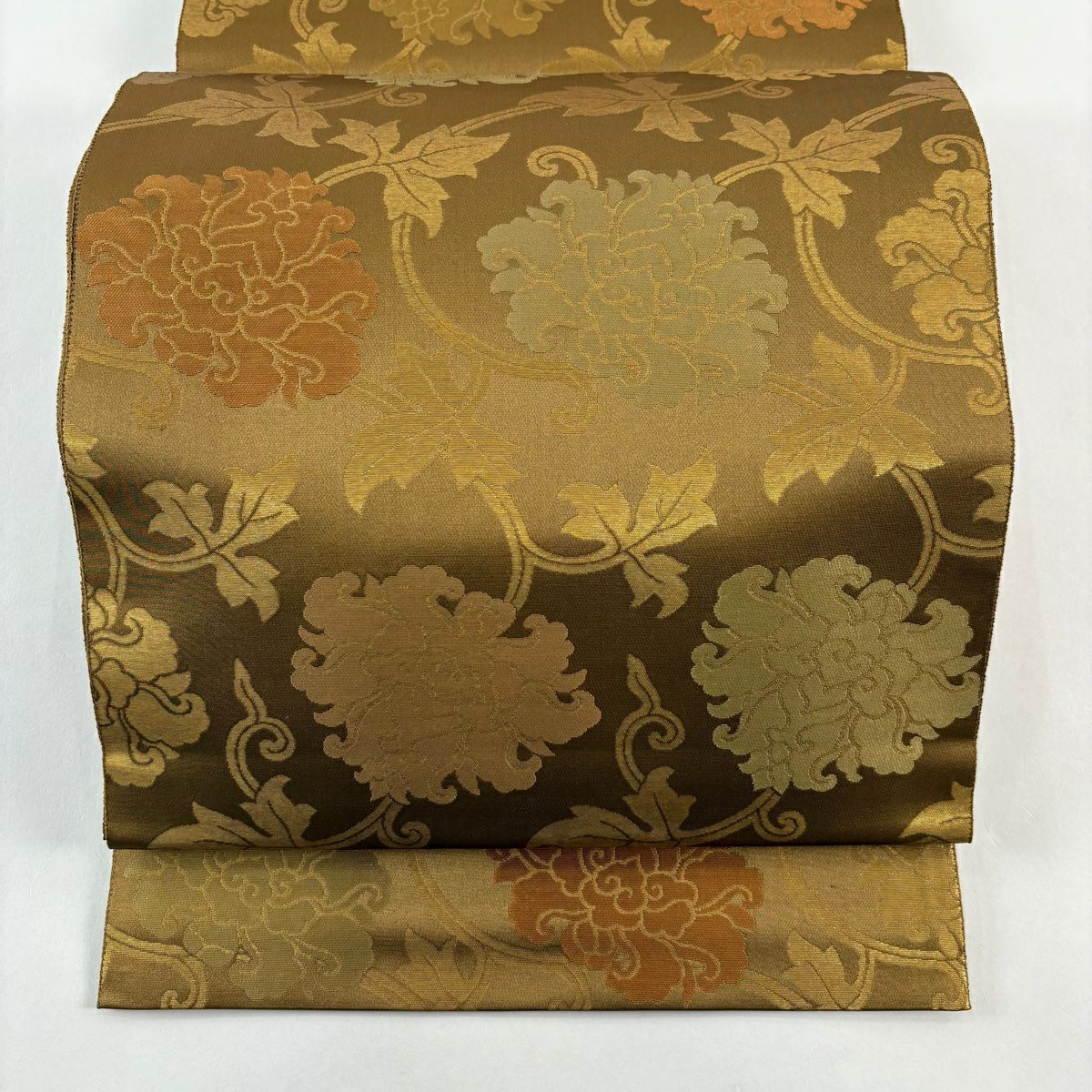 【美品】 袋帶 名品級 金金箔屋清兵衛 有落款 牡丹唐草紋紋 花唐草紋 金金箔 黃土色 六通 純蠶絲