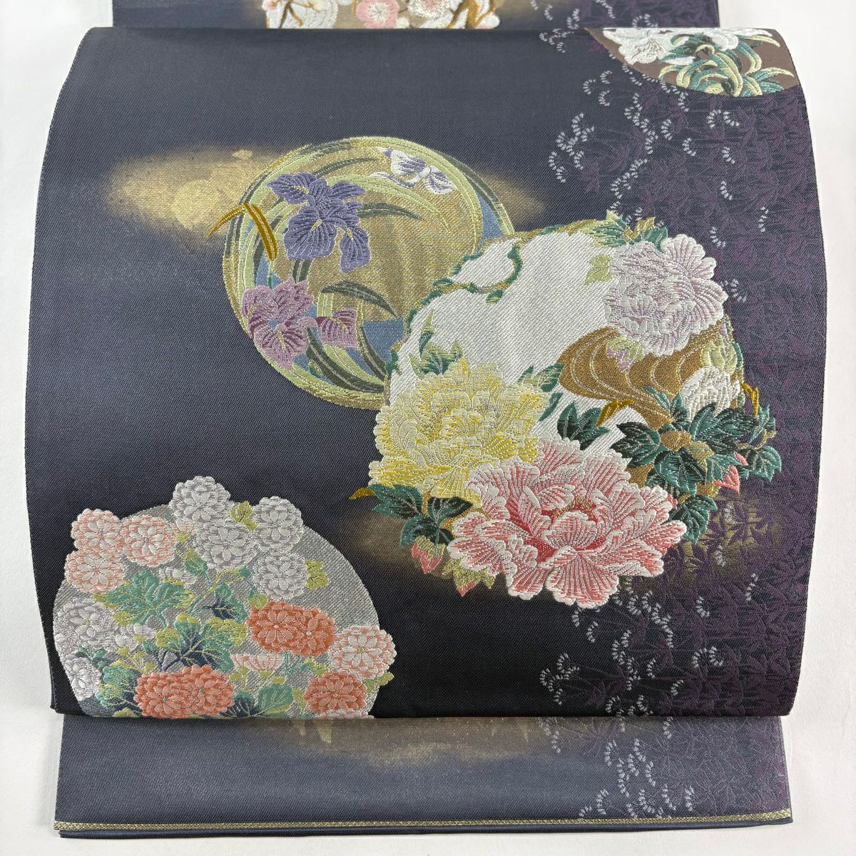 袋帶 名品級 花丸紋 霞 金金箔 金銀絲 青紫 六通 純蠶絲