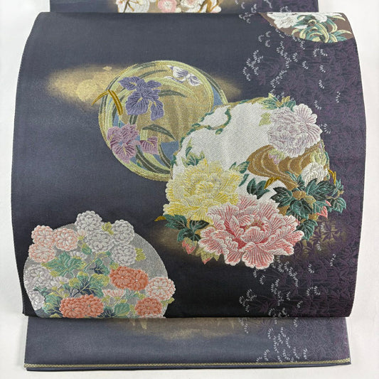 袋帶 名品級 花丸紋 霞 金金箔 金銀絲 青紫 六通 純蠶絲
