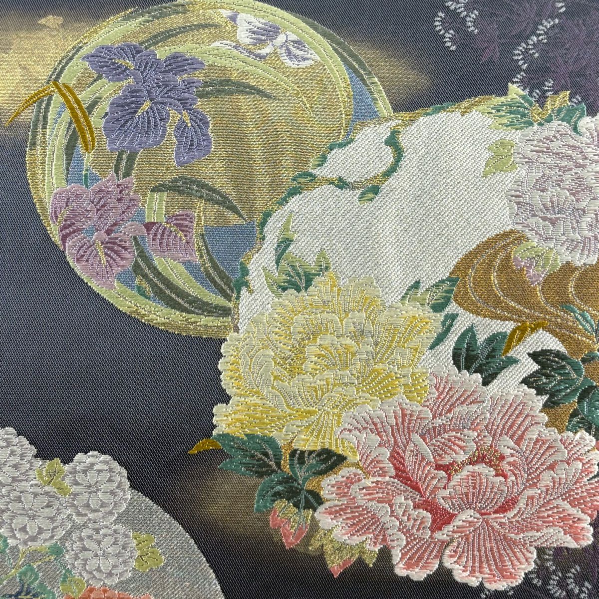 袋帶 名品級 花丸紋 霞 金金箔 金銀絲 青紫 六通 純蠶絲