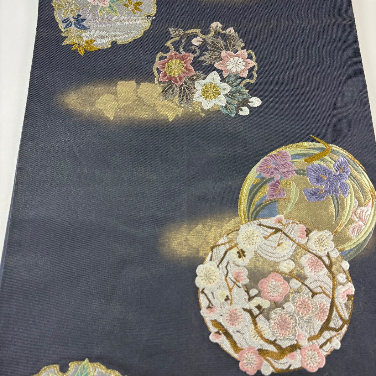 袋帶 名品級 花丸紋 霞 金金箔 金銀絲 青紫 六通 純蠶絲