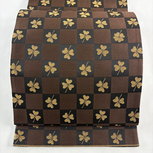【美品】 袋帶 名品級 市松樹 四葉 金絲 焦茶 六通 純蠶絲
