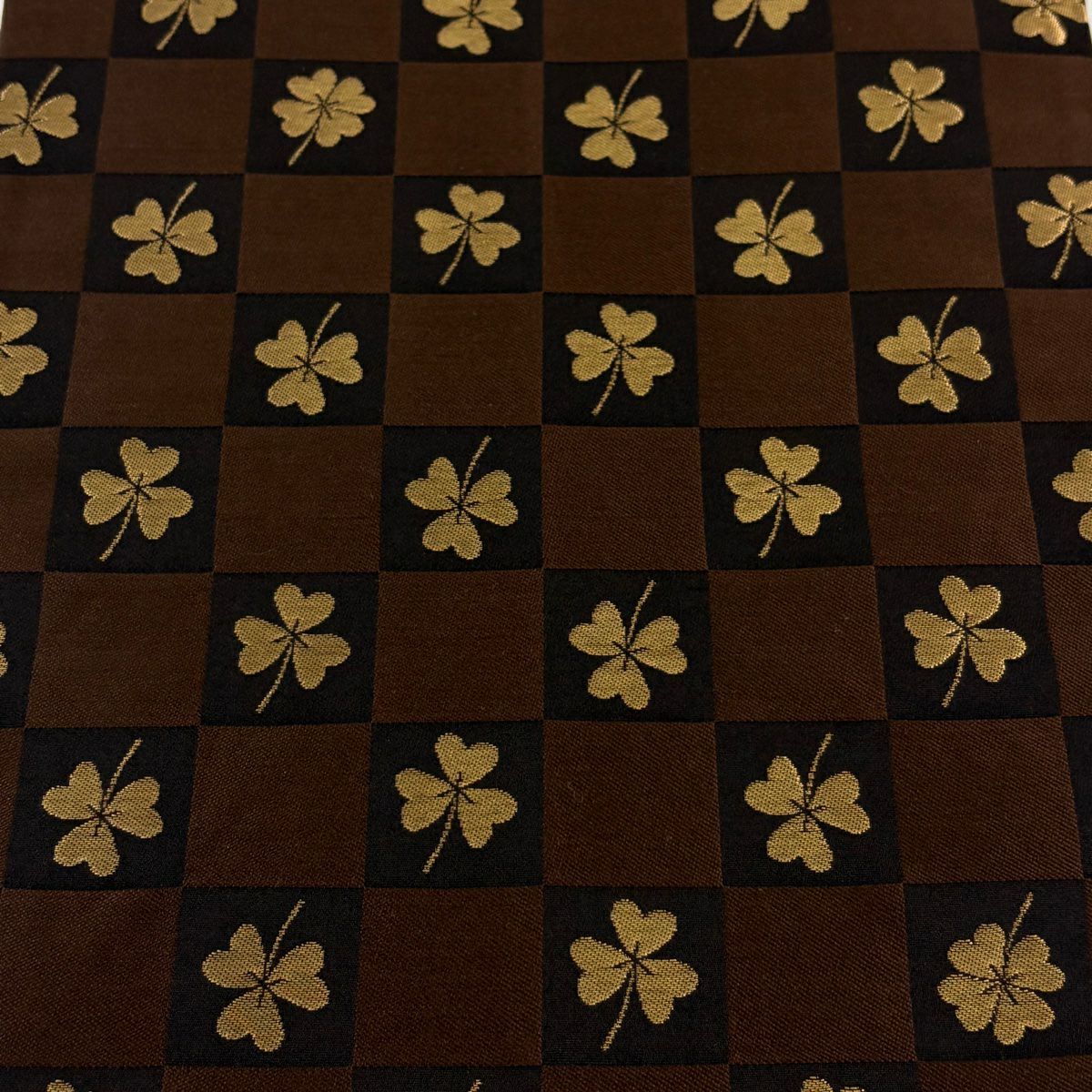 【美品】 袋帶 名品級 市松樹 四葉 金絲 焦茶 六通 純蠶絲