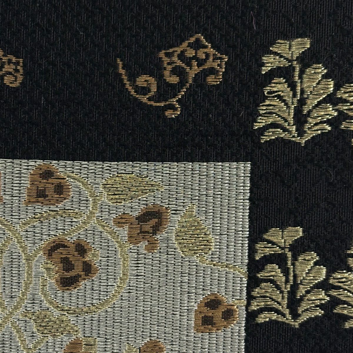 【美品】 袋帶 名品級 花唐草紋 草花紋 金銀彩 黑 六通 純蠶絲