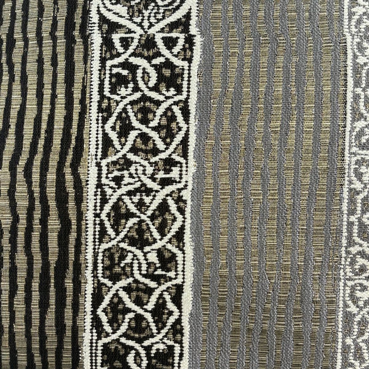 【美品】 袋帶 名品級 本泥染 縞 幾何學圖案 金銀彩 墨 全通 純蠶絲