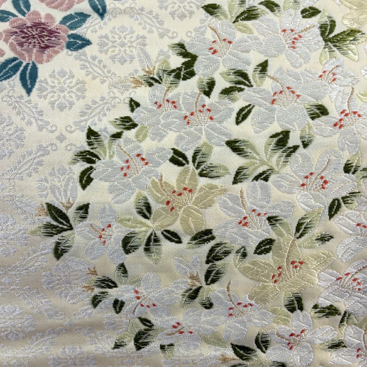 袋帶 名品級 花鳥 蝶 金絲 唐織 米色 大鼓圖案 純蠶絲