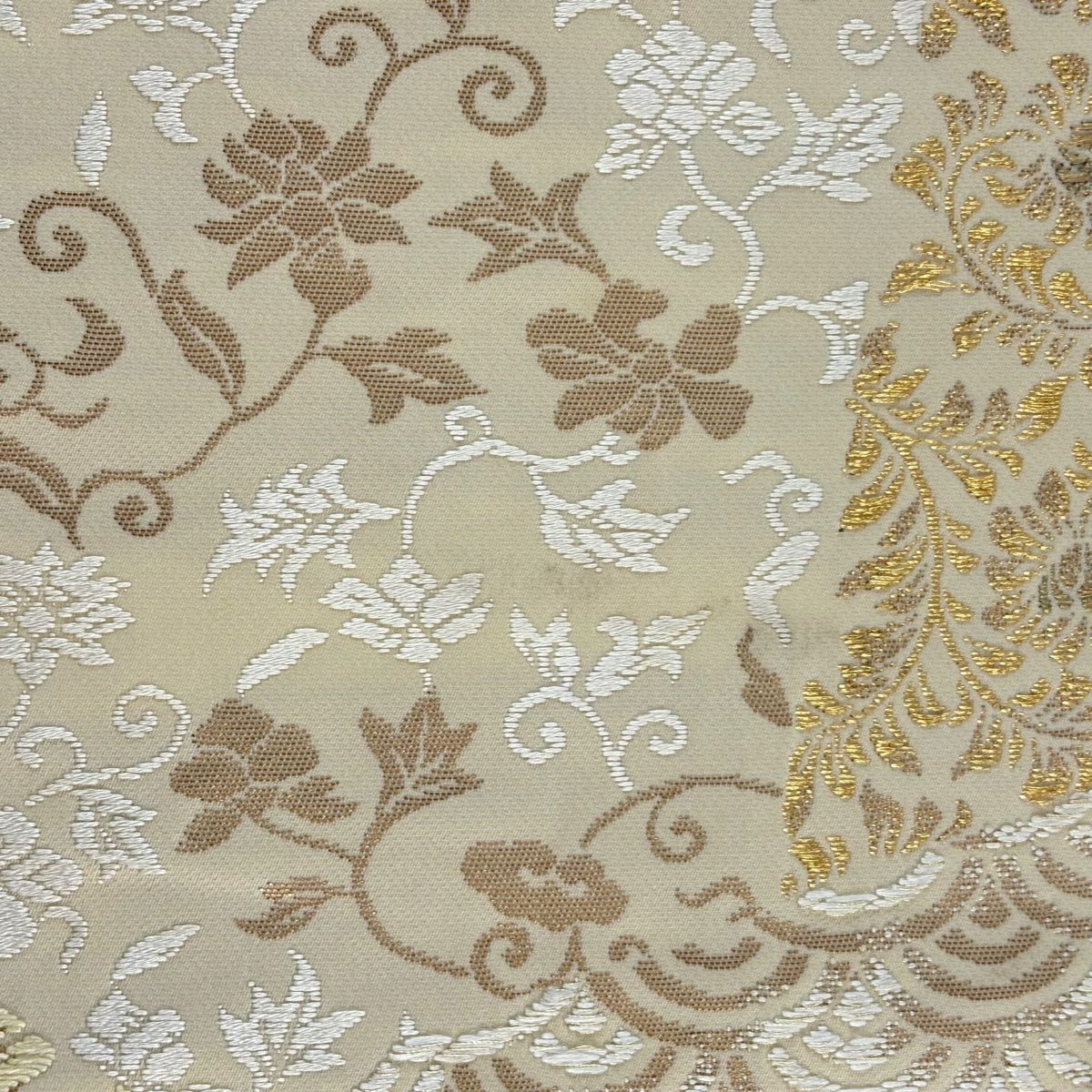 袋帶 名品級 花鳥 蝶 金絲 唐織 米色 大鼓圖案 純蠶絲