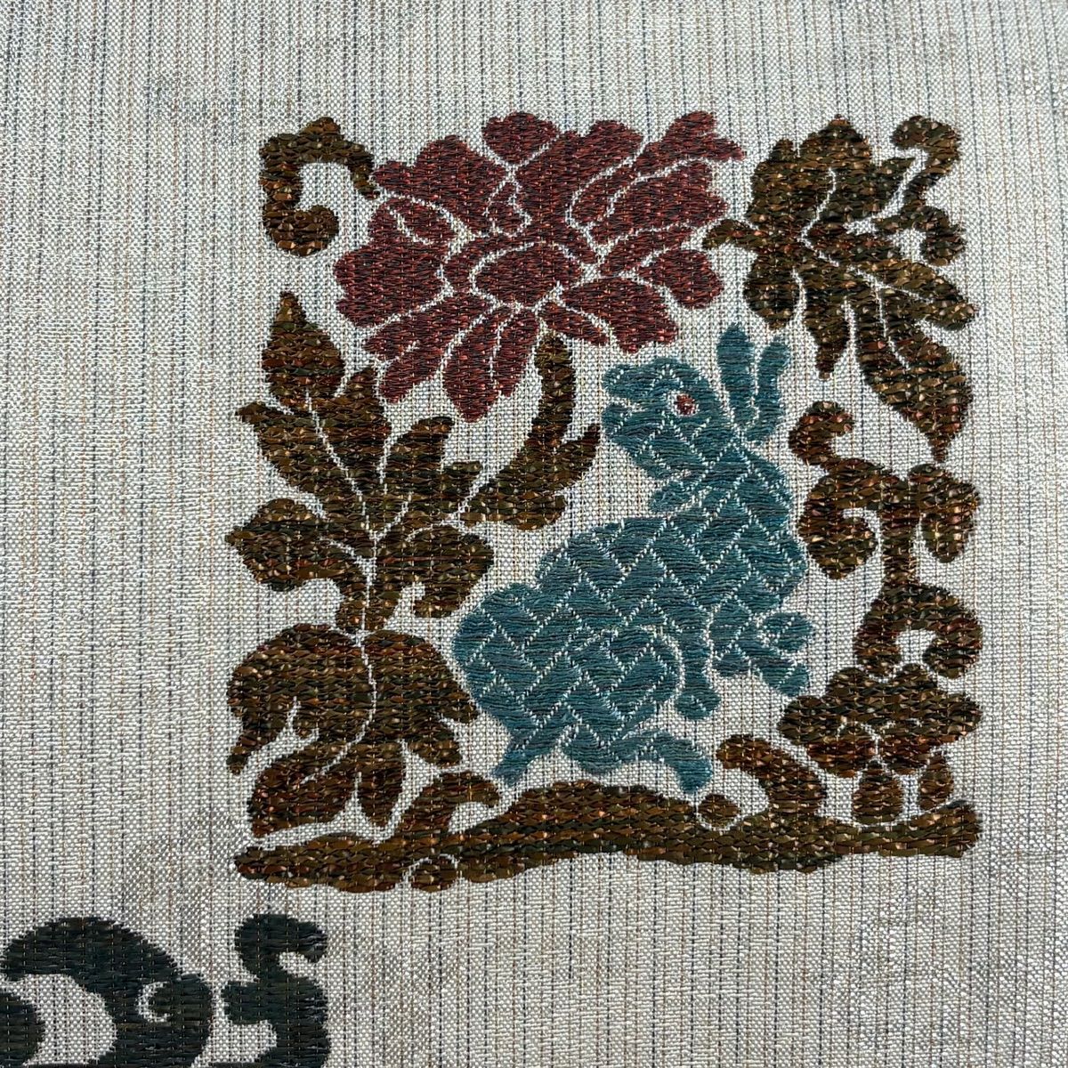 【美品】 袋帶 名品級 花兔子 條紋 金金箔 銀線 灰白 六通 純蠶絲