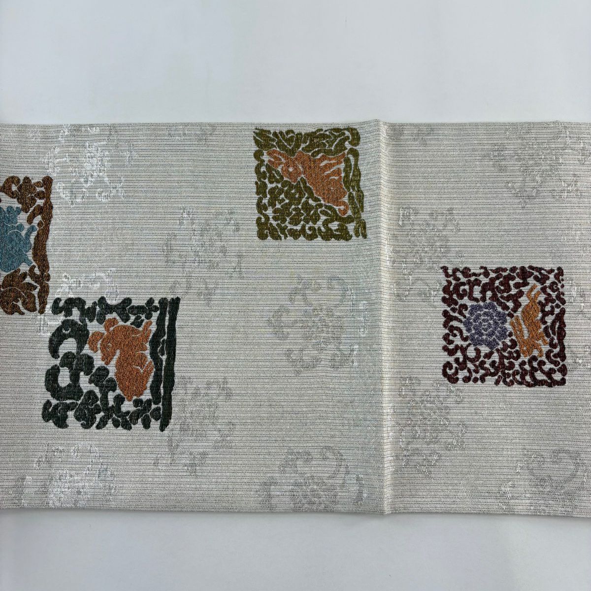 【美品】 袋帶 名品級 花兔子 條紋 金金箔 銀線 灰白 六通 純蠶絲