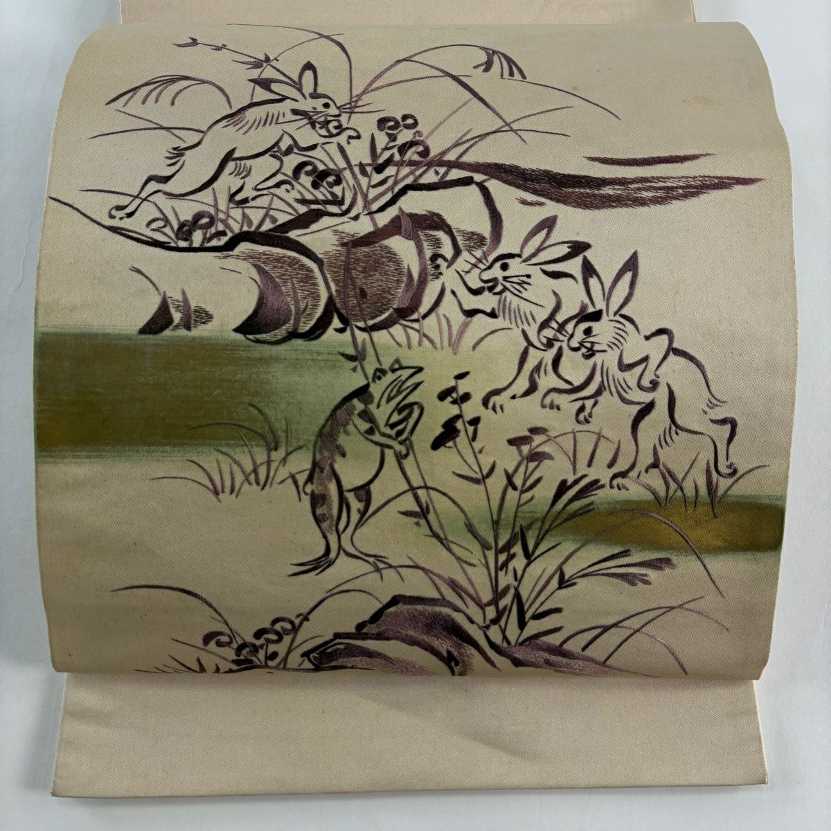 袋帶 名品級 附落款 鳥獸戲畫 刺繡 金金箔 米色 大鼓圖案 純蠶絲