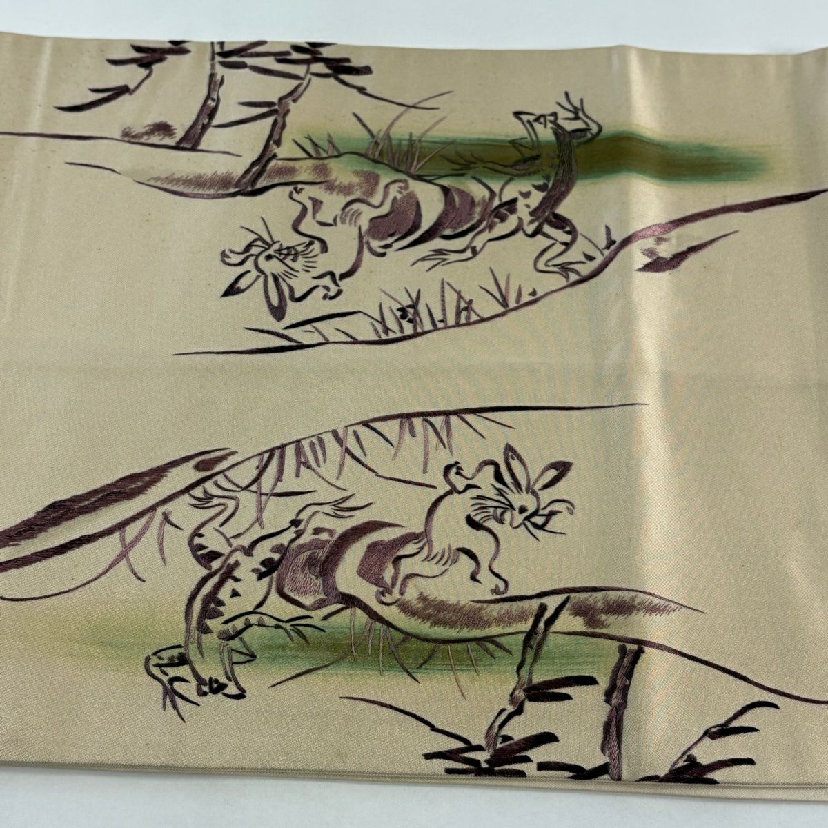 袋帶 名品級 附落款 鳥獸戲畫 刺繡 金金箔 米色 大鼓圖案 純蠶絲