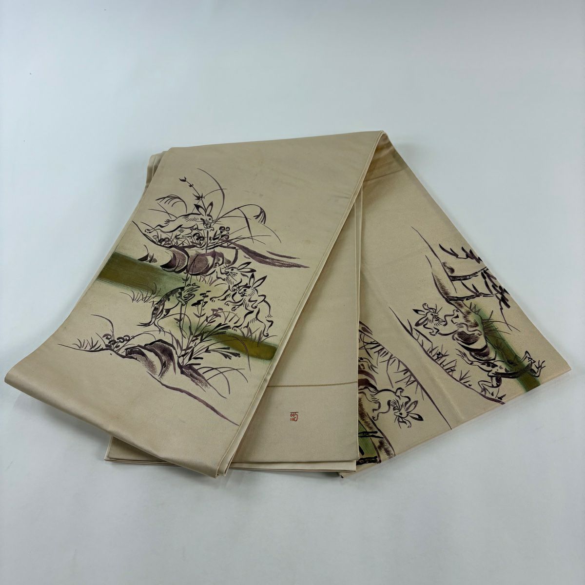 袋帶 名品級 附落款 鳥獸戲畫 刺繡 金金箔 米色 大鼓圖案 純蠶絲