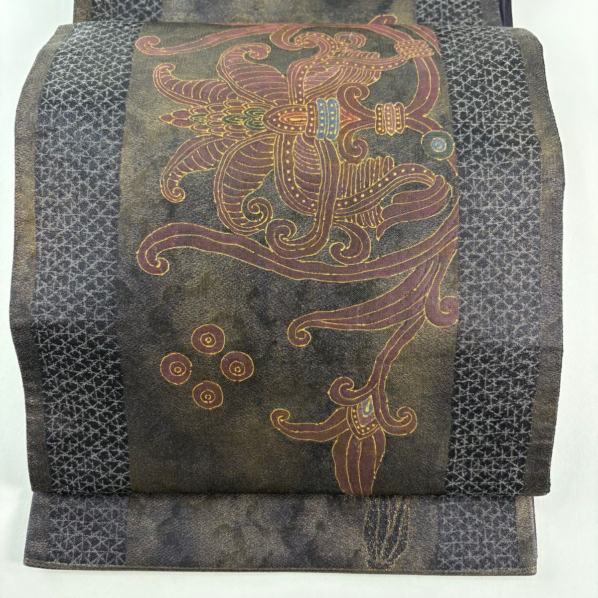 【美品】 袋帶 名品級 じゅらく 落款あり 証紙あり 帝王紫 王朝唐華紋樣 草花紋 幾何學 金金箔 金銀彩 濃紫 お太鼓柄 純蠶絲