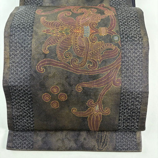 【美品】 袋帶 名品級 じゅらく 落款あり 証紙あり 帝王紫 王朝唐華紋樣 草花紋 幾何學 金金箔 金銀彩 濃紫 お太鼓柄 純蠶絲