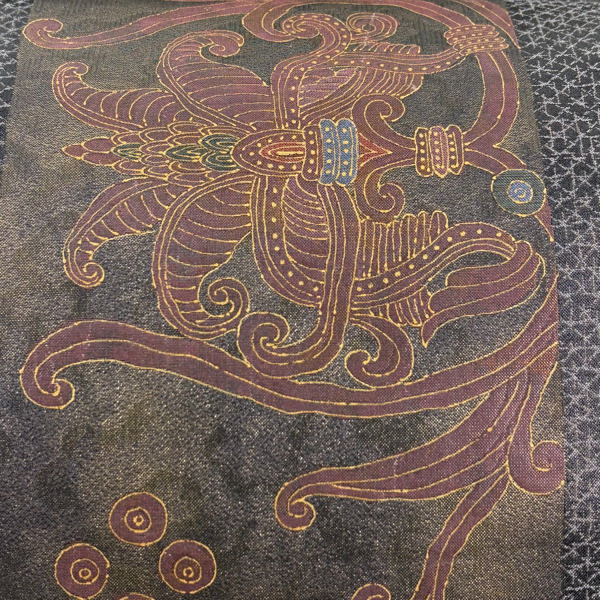 【美品】 袋帶 名品級 じゅらく 落款あり 証紙あり 帝王紫 王朝唐華紋樣 草花紋 幾何學 金金箔 金銀彩 濃紫 お太鼓柄 純蠶絲