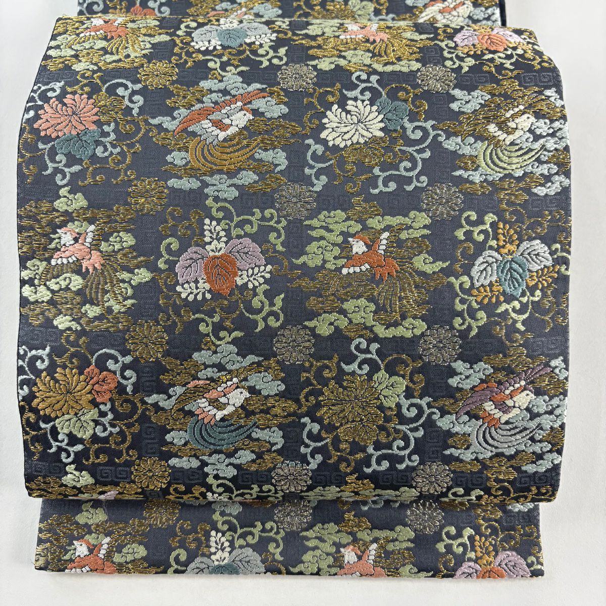 【美品】 袋帶 名品級 花鳥 桐 金銀彩 唐織 青灰 六通 純蠶絲