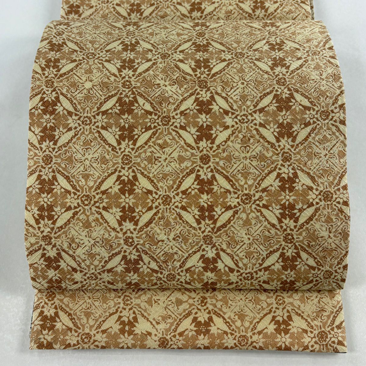 【美品】 袋帶 名品級 七寶紋 花 米色 全通 純蠶絲