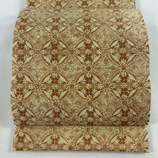 【美品】 袋帶 名品級 七寶紋 花 米色 全通 純蠶絲
