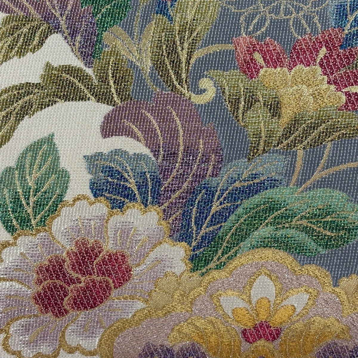 【美品】 袋帶 名品級 證書齊全 草花紋 唐草紋 拉麵線 金金箔 米色 六通 純蠶絲