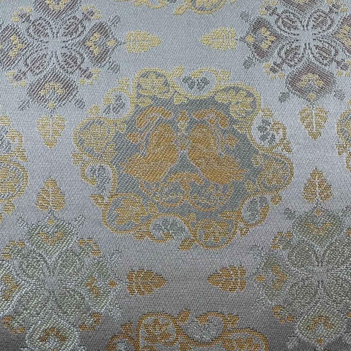 【美品】 袋帶 名品級 金金箔屋清兵衛 落款あり 証紙あり 西陣織 茶色的裂地文樣 向鳥 華紋 金金箔 灰色 六通 純蠶絲