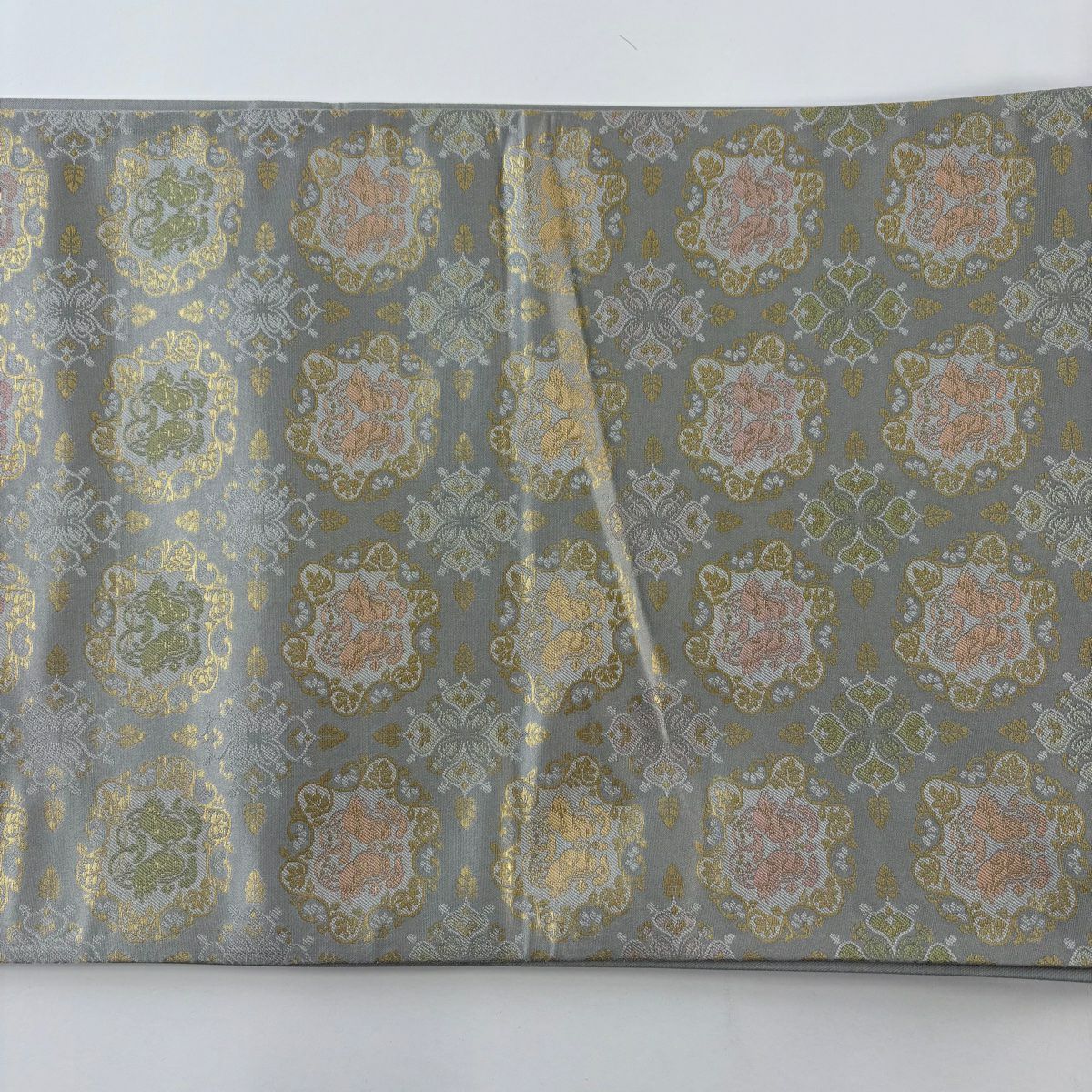 【美品】 袋帶 名品級 金金箔屋清兵衛 落款あり 証紙あり 西陣織 茶色的裂地文樣 向鳥 華紋 金金箔 灰色 六通 純蠶絲