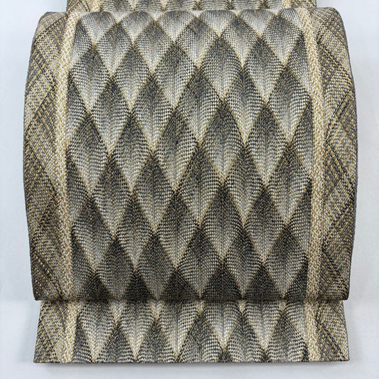 【美品】 袋帶 名品級 幾何圖案 金絲 灰色 全通 純蠶絲