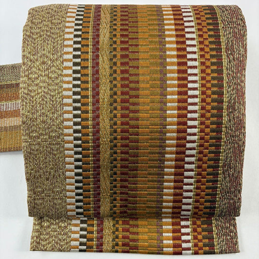 【美品】 名古屋帶 名品級 幾何圖案 金絲 刺繡 黃土色 純蠶絲