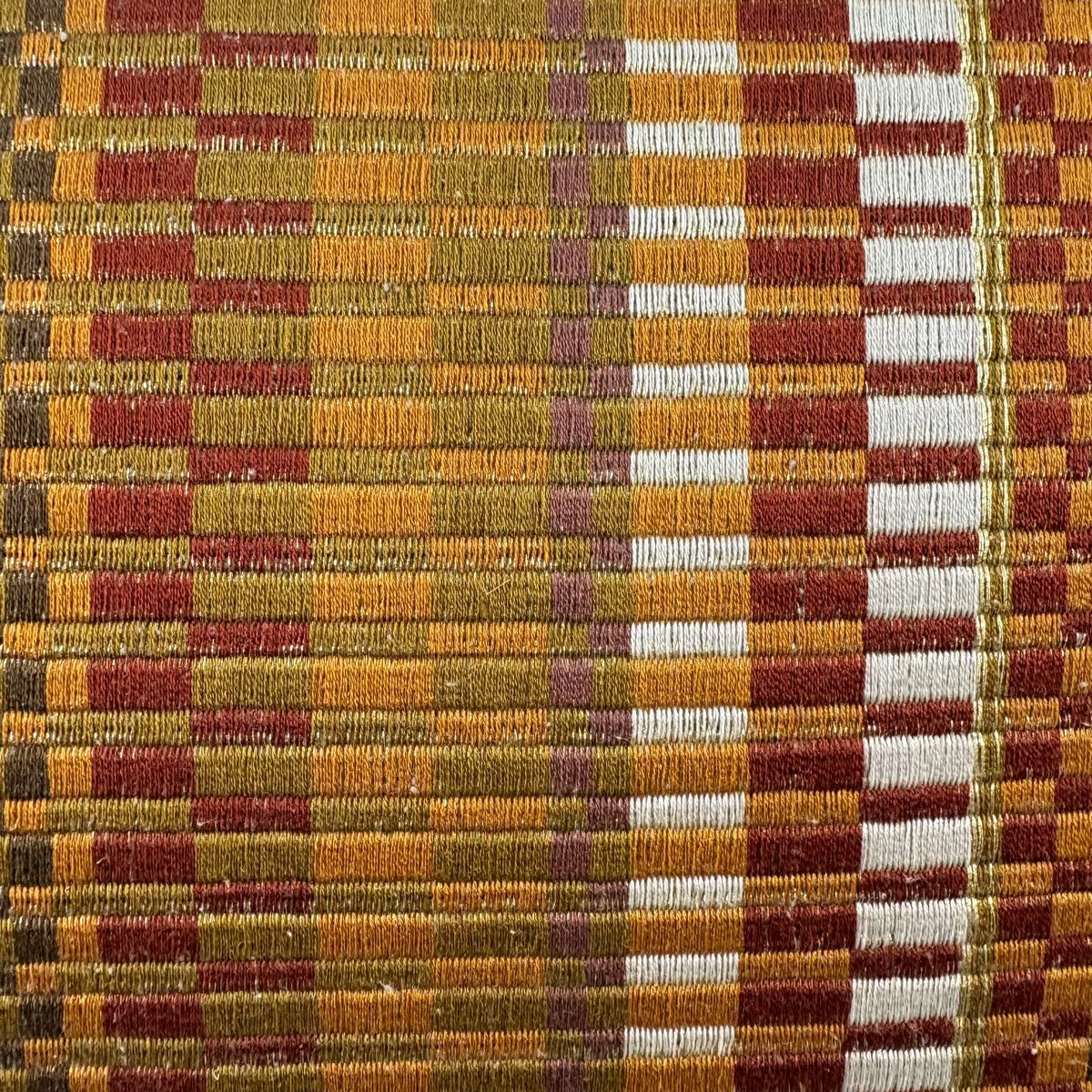 【美品】 名古屋帶 名品級 幾何圖案 金絲 刺繡 黃土色 純蠶絲