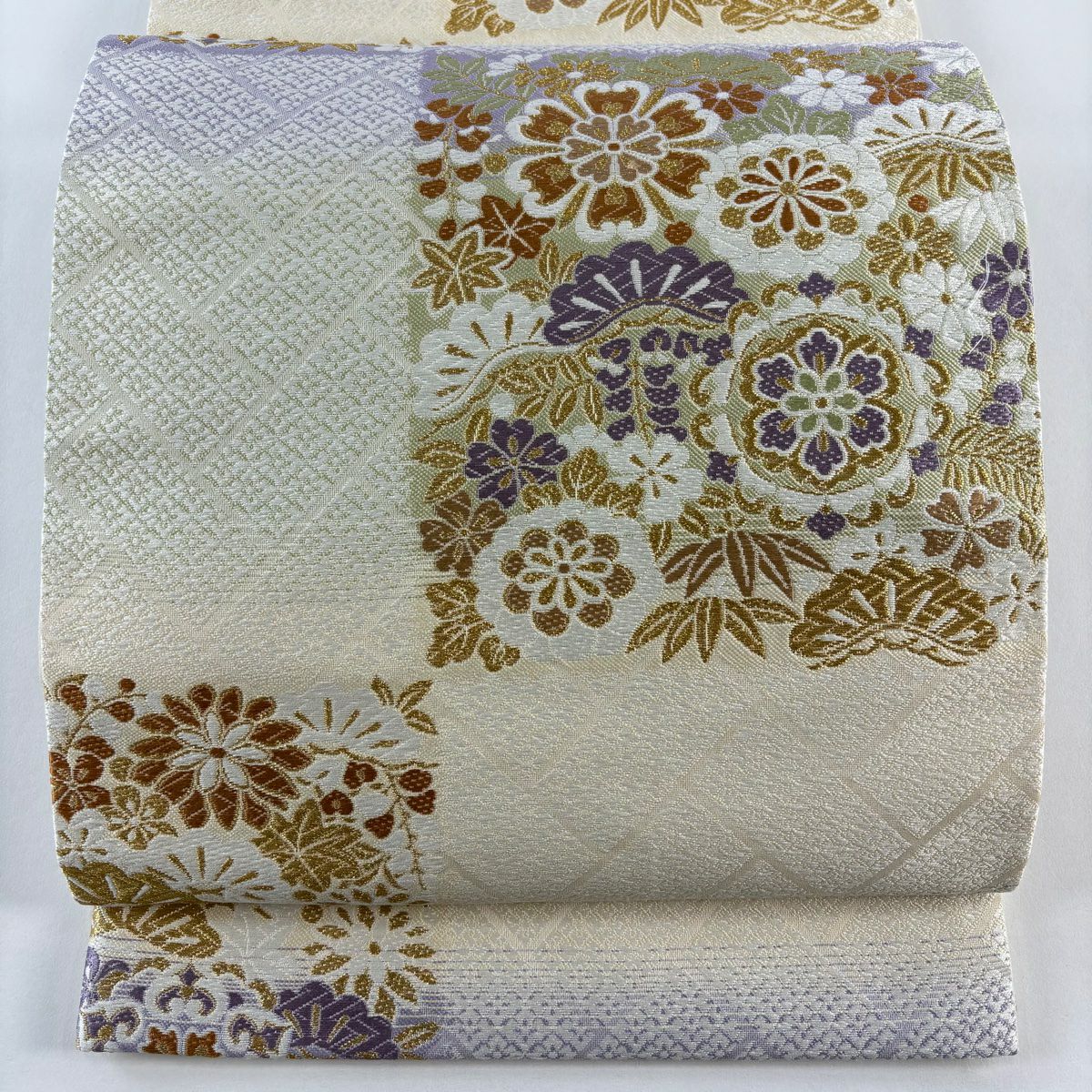 【美品】 袋帶 名品級 華紋 松樹 金絲 淺紫 六通 純蠶絲