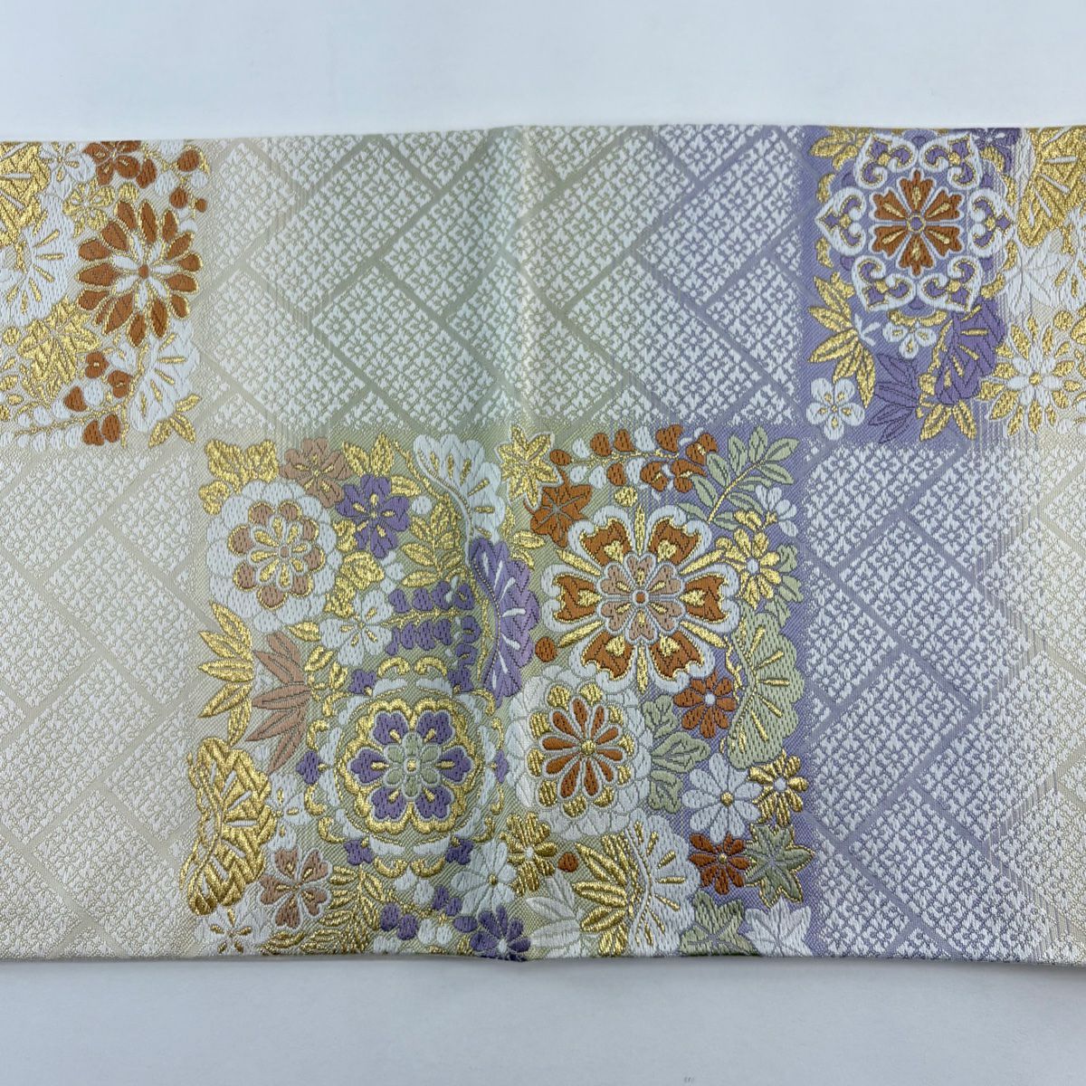 【美品】 袋帶 名品級 華紋 松樹 金絲 淺紫 六通 純蠶絲