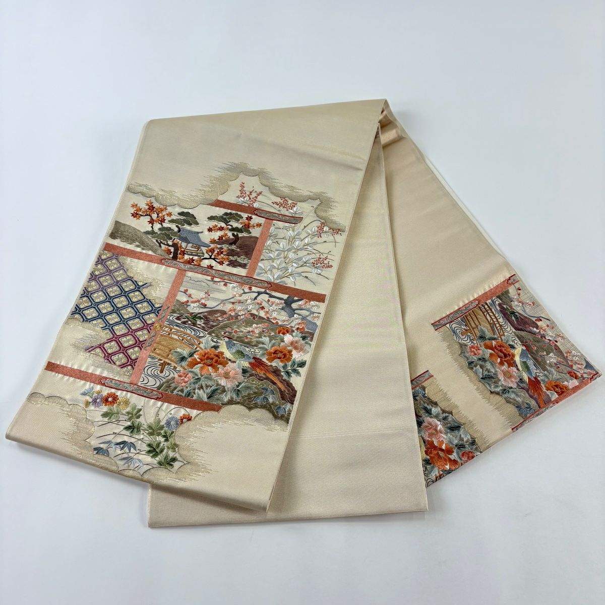 【美品】 袋帶 名品級 花鳥 松樹竹子梅花 金絲 刺繡 米色 大鼓圖案 純蠶絲