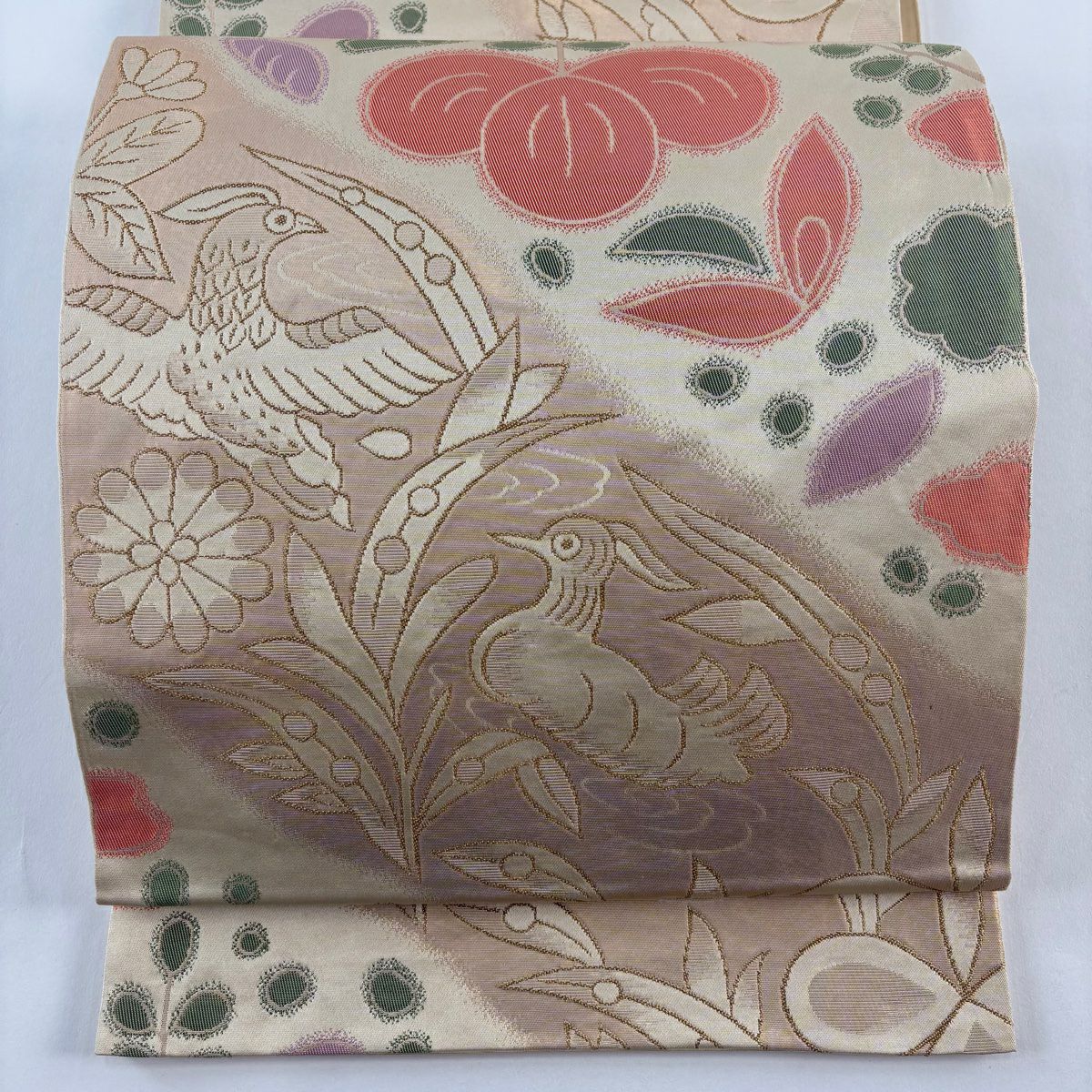【美品】 袋帶 名品級 有落款 鴛鴦 草花紋 金絲 米色 六通 純蠶絲