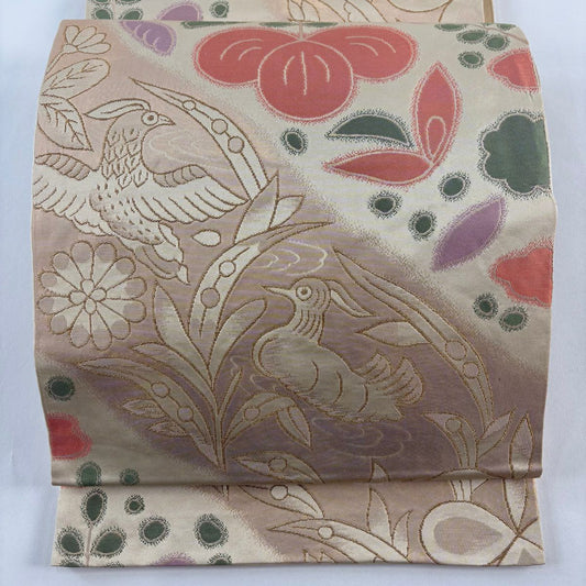 【美品】 袋帶 名品級 有落款 鴛鴦 草花紋 金絲 米色 六通 純蠶絲