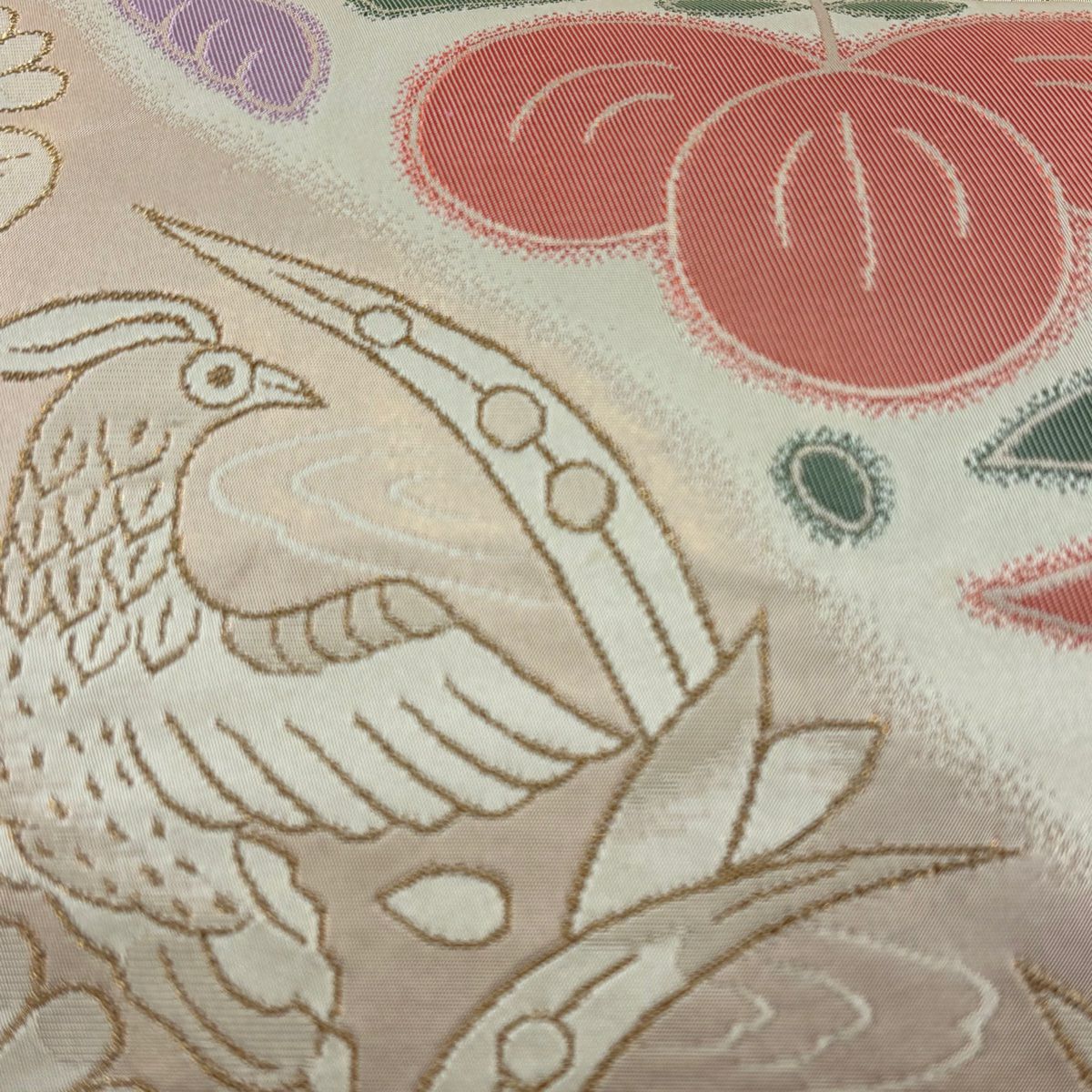【美品】 袋帶 名品級 有落款 鴛鴦 草花紋 金絲 米色 六通 純蠶絲