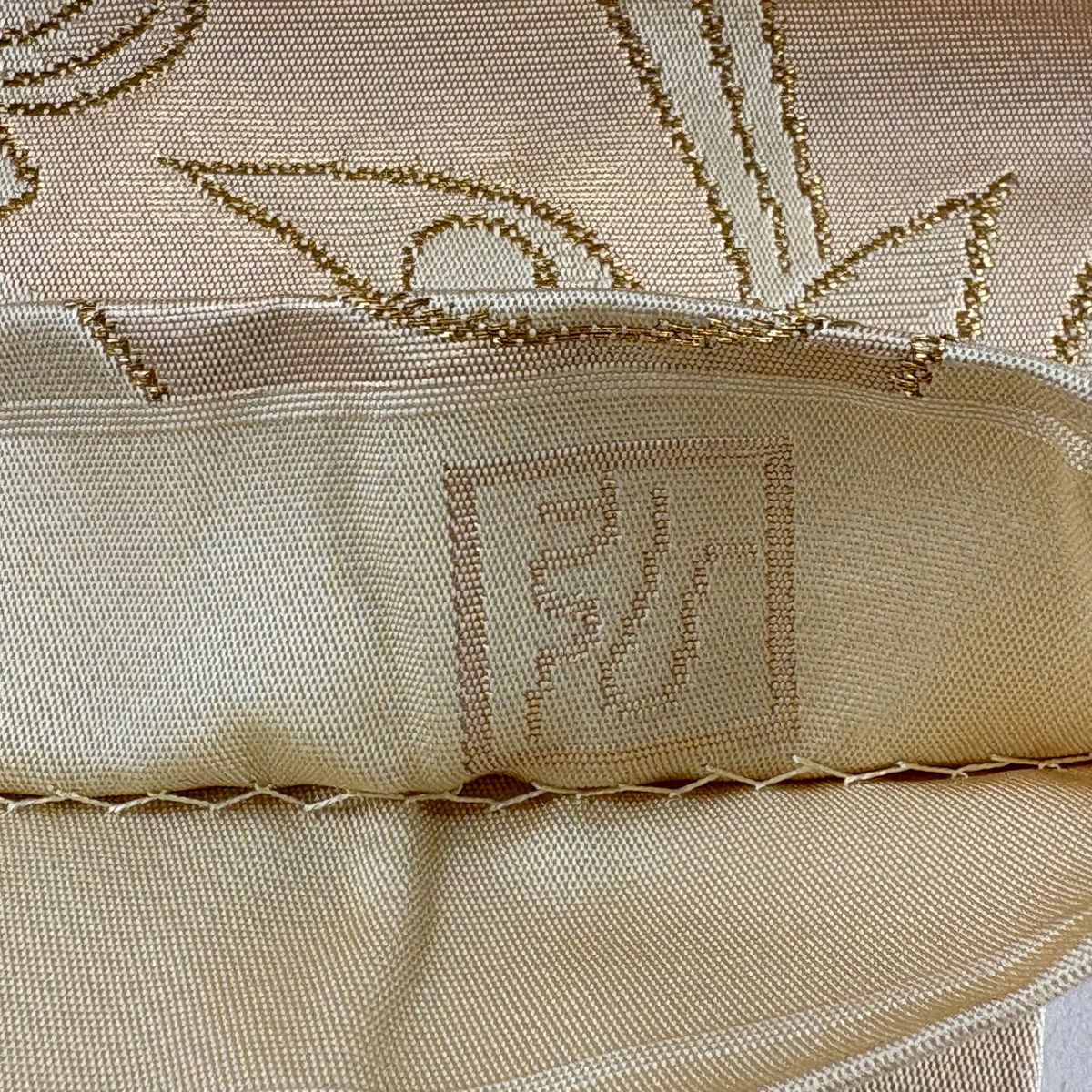 【美品】 袋帶 名品級 有落款 鴛鴦 草花紋 金絲 米色 六通 純蠶絲