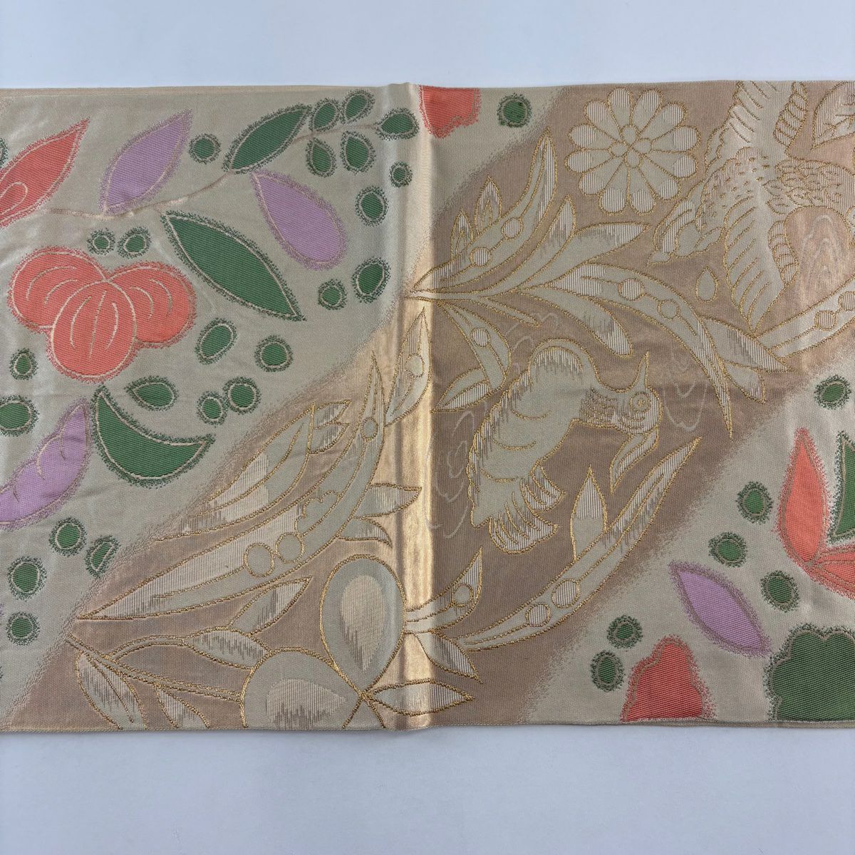 【美品】 袋帶 名品級 有落款 鴛鴦 草花紋 金絲 米色 六通 純蠶絲