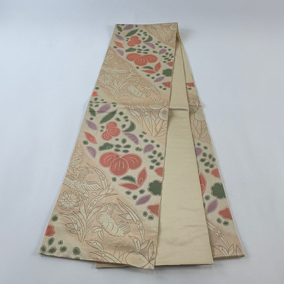 【美品】 袋帶 名品級 有落款 鴛鴦 草花紋 金絲 米色 六通 純蠶絲