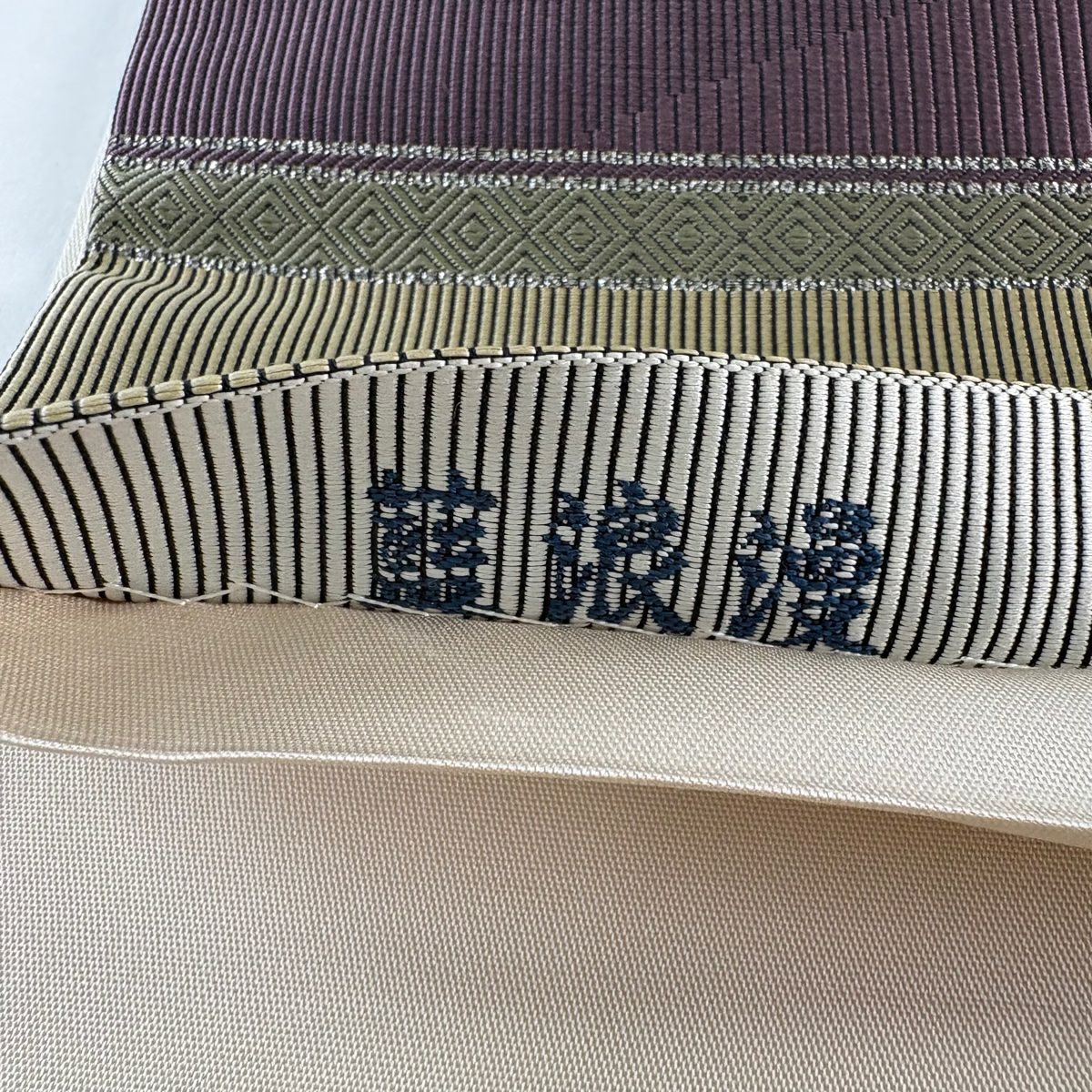 袋帶 名品級 條紋 銀線 茶綠 六通 純蠶絲