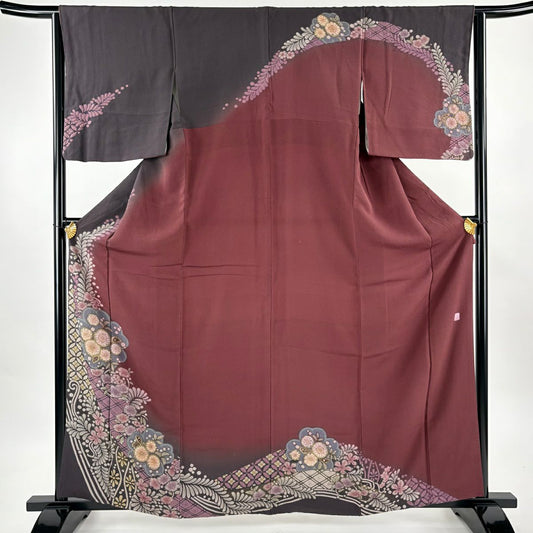 訪問服 身長162.5cm 袖長64cm M 雙層 滝泰 落款あり 菊花 七寶紋 絞染 漸層 紫 純蠶絲 名品級