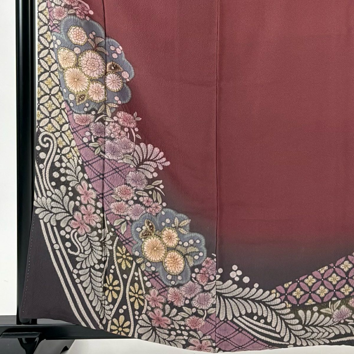 訪問服 身長162.5cm 袖長64cm M 雙層 滝泰 落款あり 菊花 七寶紋 絞染 漸層 紫 純蠶絲 名品級