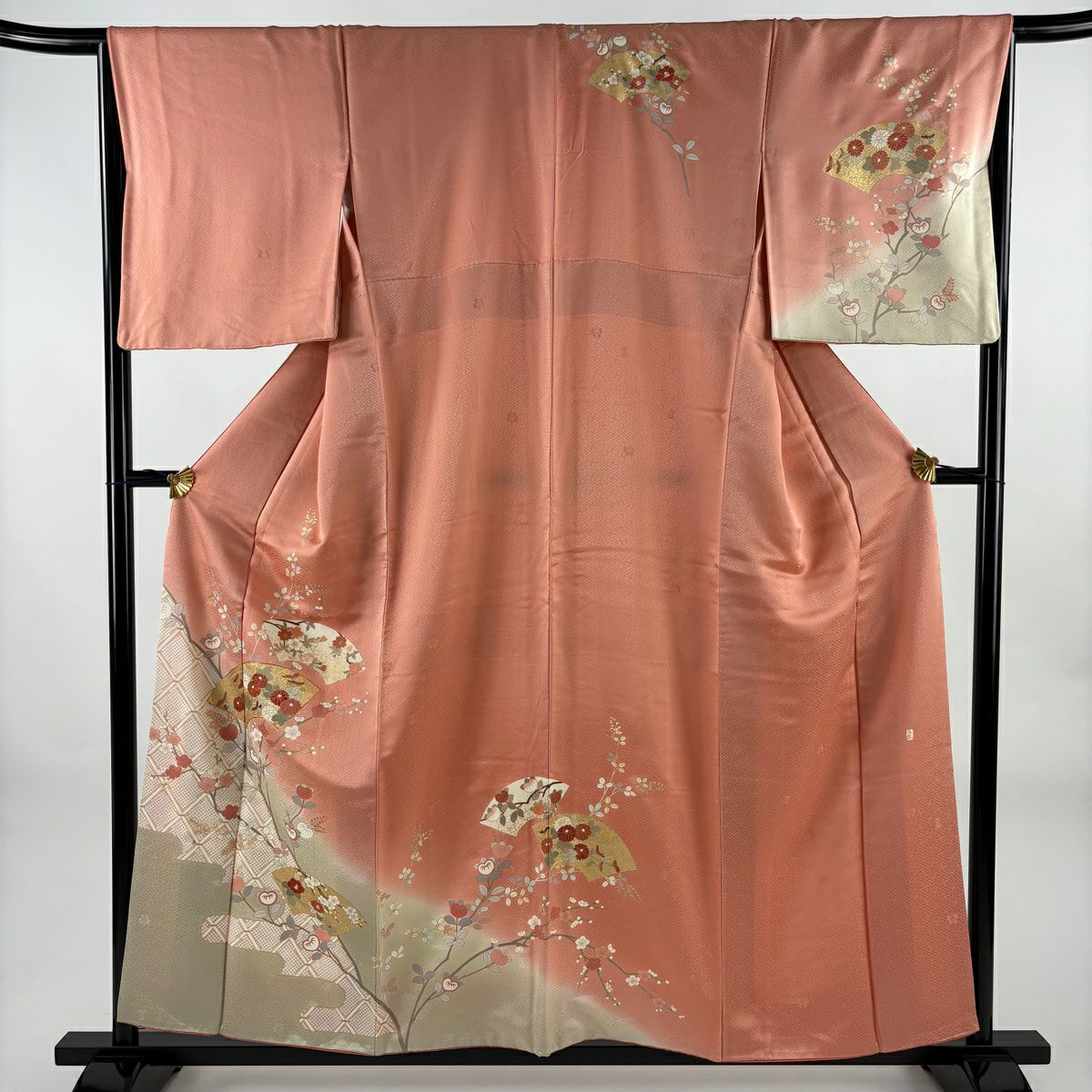 訪問服 身長156.5cm 袖長66cm M 雙層 吾妻德穗 落款あり 扇子面 枝梅花 刺繡 金彩裝飾 鮭粉色 純蠶絲 名品級