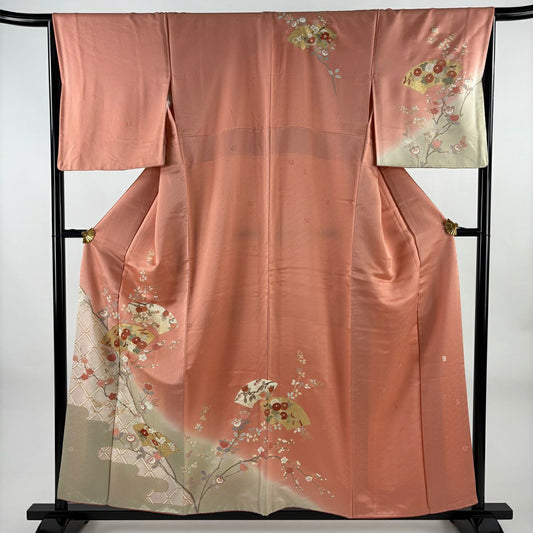 訪問服 身長156.5cm 袖長66cm M 雙層 吾妻德穗 落款あり 扇子面 枝梅花 刺繡 金彩裝飾 鮭粉色 純蠶絲 名品級