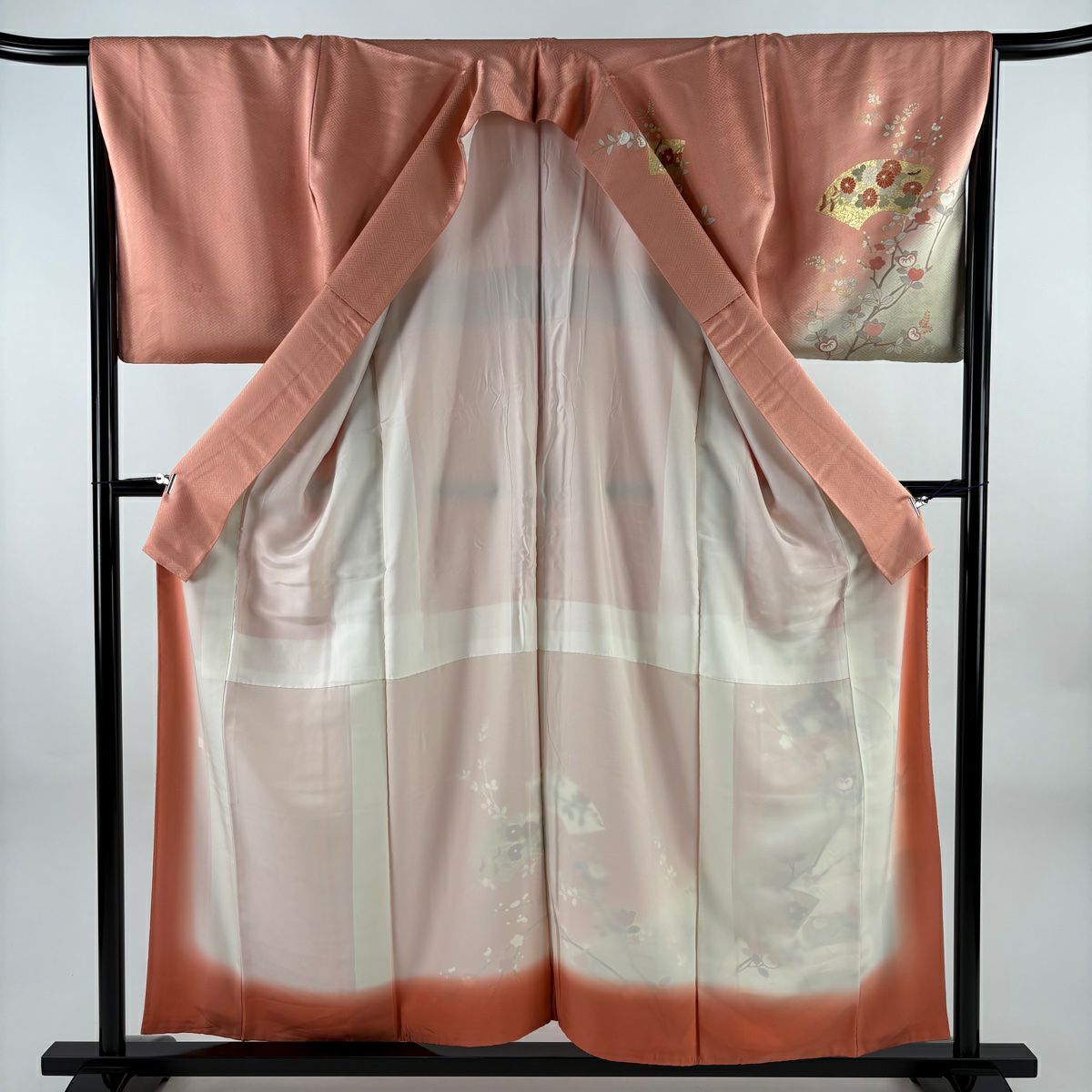 訪問服 身長156.5cm 袖長66cm M 雙層 吾妻德穗 落款あり 扇子面 枝梅花 刺繡 金彩裝飾 鮭粉色 純蠶絲 名品級