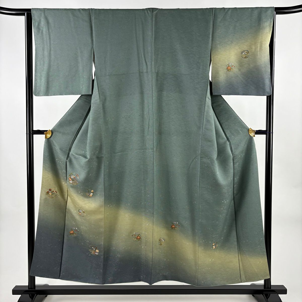 付下 身長152.5cm 袖長64.5cm M 雙層 花丸紋 地紋 刺繡 銀通 灰綠 純蠶絲 名品級
